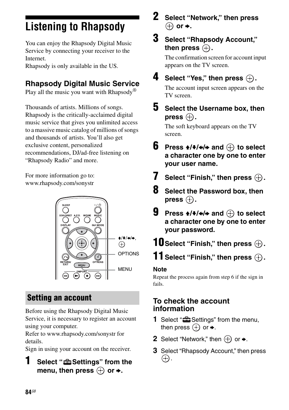 Listening to rhapsody, Setting an account | Sony STR-DA3600ES User Manual | Page 84 / 162