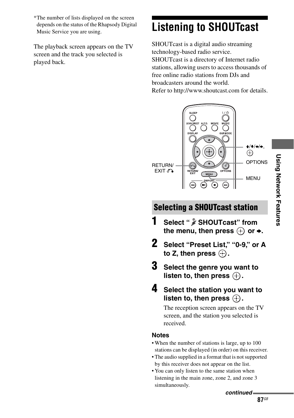 Listening to shoutcast, Selecting a shoutcast station | Sony STR-DA3600ES User Manual | Page 87 / 162