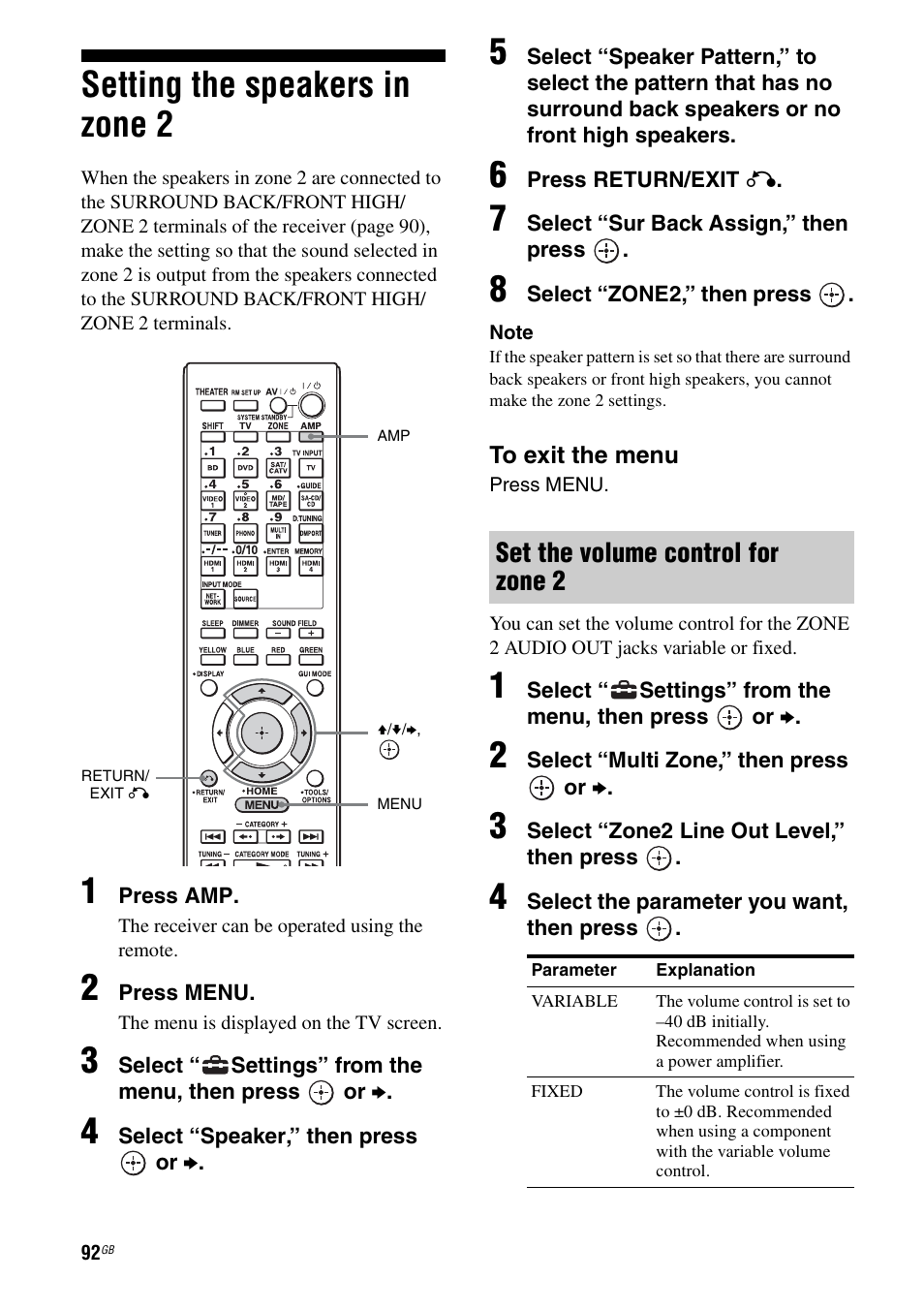 Setting the speakers in zone 2, Set the volume control for zone 2 | Sony STR-DA3600ES User Manual | Page 92 / 162