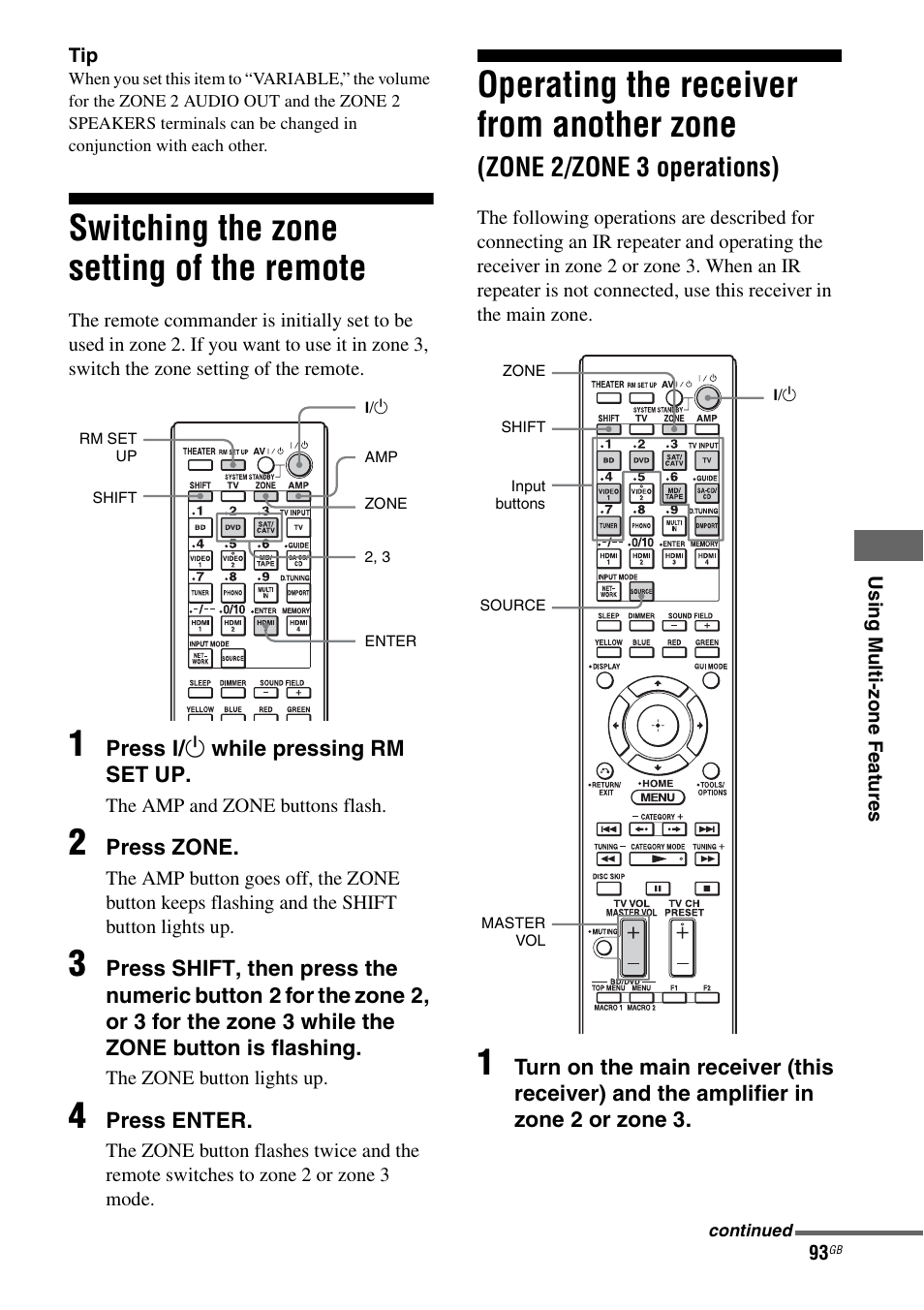 Switching the zone setting of the remote, Zone 2/zone 3 operations), Operating the receiver from another zone | Sony STR-DA3600ES User Manual | Page 93 / 162