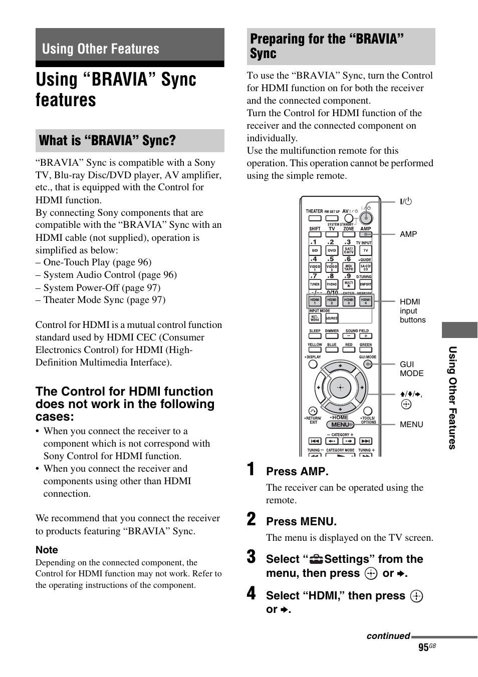 Using other features, Using “bravia” sync features | Sony STR-DA3600ES User Manual | Page 95 / 162