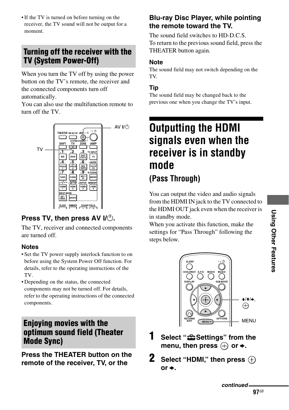 Outputting the hdmi signals even when the, Receiver is in standby mode (pass through), Pass through) | Sony STR-DA3600ES User Manual | Page 97 / 162