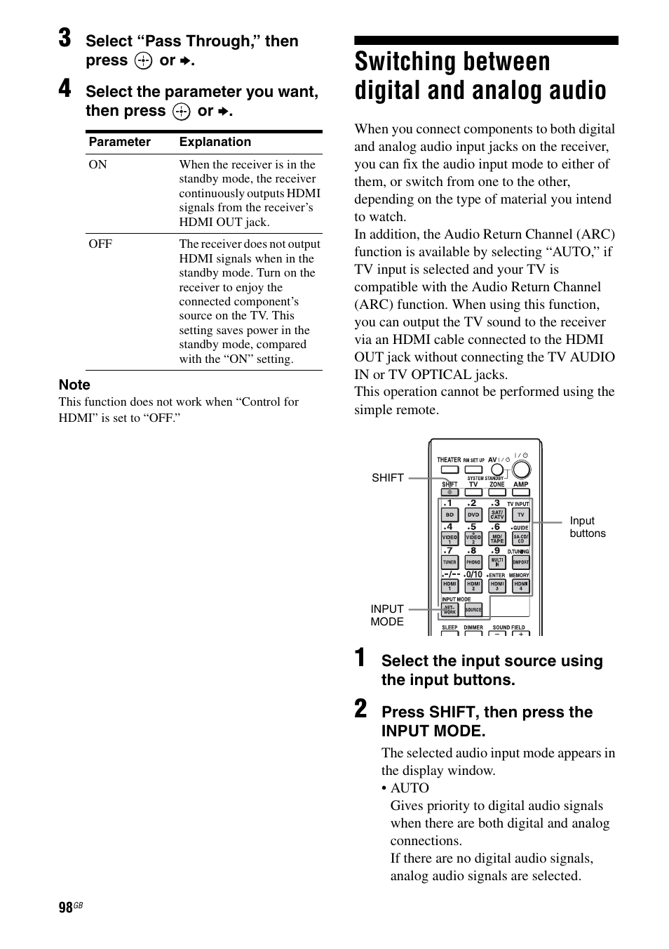 Switching between digital and analog audio, Switching between digital and analog, Audio | Sony STR-DA3600ES User Manual | Page 98 / 162