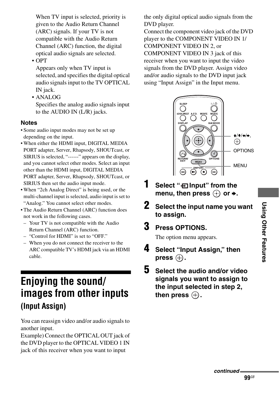 Enjoying the sound/images from other inputs, Input assign), Enjoying the sound/ images from other inputs | Sony STR-DA3600ES User Manual | Page 99 / 162