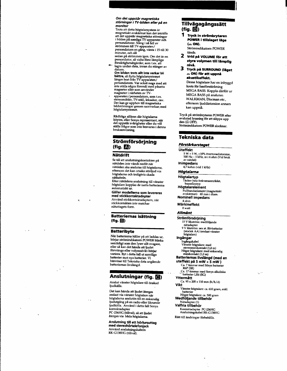 Strdmfdrsdrjning (fig. b), Anslutningar (fig. q), Tillv^agängssätt (fig. b) | Tekniska data | Sony SRS-A45 User Manual | Page 14 / 17