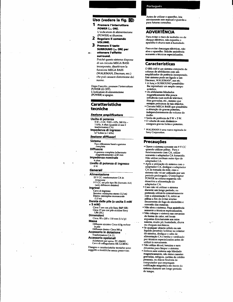 Caratteristiche, Tecniche, Características | Precaufdes, Uso (vedere la fig. q), Caratteristiche tecniche, Adverténcia | Sony SRS-A45 User Manual | Page 16 / 17