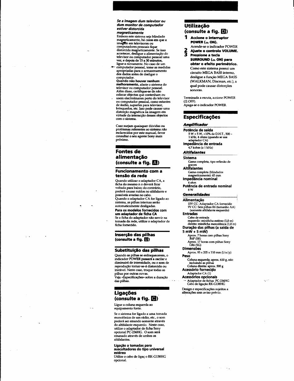 Fontes de alimentario (consulte a fig. q), Ligafdes (consulte a fig. q), Utilizado (consulte a fig. q) | Especificaçôes | Sony SRS-A45 User Manual | Page 17 / 17