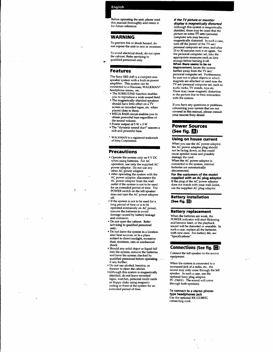 Warning, Features, Precautions | Power sources (see fig. q), Connections (see fig. q) | Sony SRS-A45 User Manual | Page 4 / 17