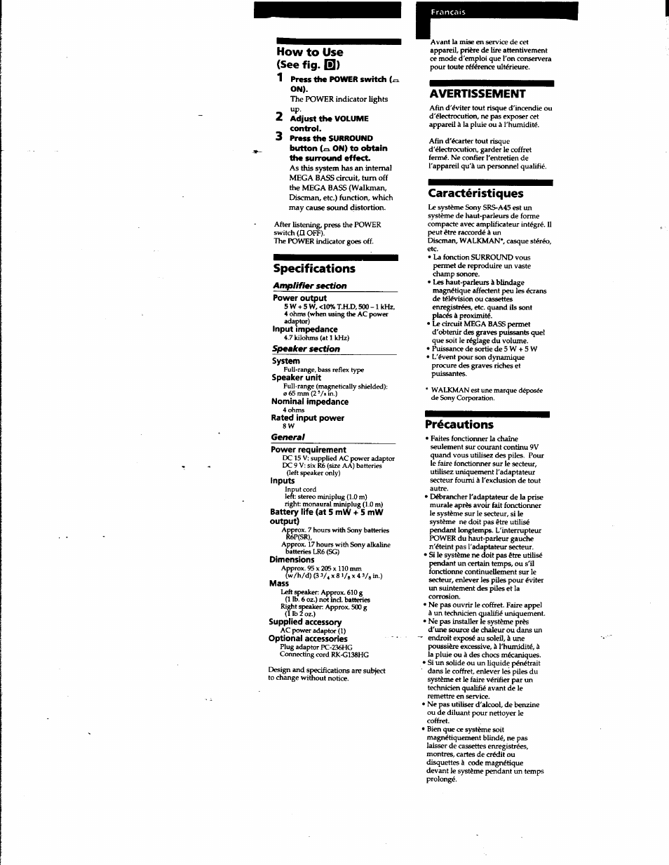 How to use, Specifications, Avertissement | Caractéristiques, Précautions, How to use (see fig. q) | Sony SRS-A45 User Manual | Page 5 / 17