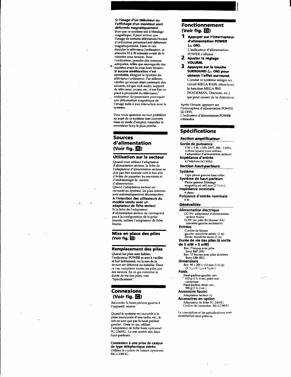 Sources d'alimentation (voir fig. q), Fonctionnement (voir fig. b), Spécifications | Connexions (voir fig. b) | Sony SRS-A45 User Manual | Page 6 / 17