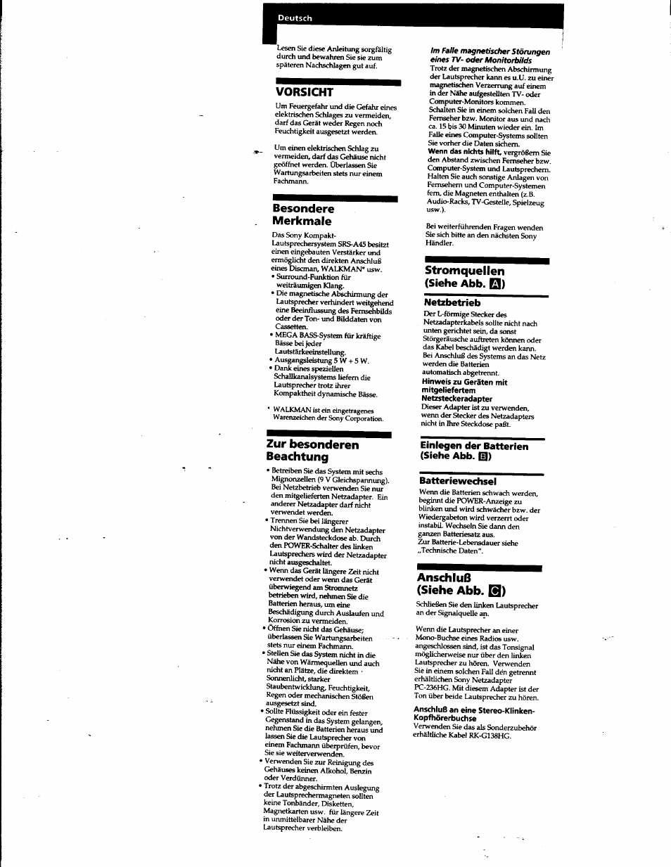 Vorsicht, Besondere, Merkmale | Stromquellen (siehe abb. q), Zur besonderen beachtung, Anschluß (siehe abb, Besondere merkmale | Sony SRS-A45 User Manual | Page 7 / 17