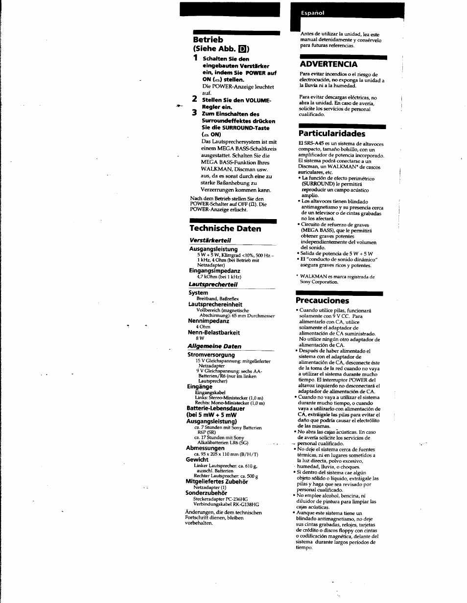 Betrieb (siehe abb. q), Technische daten, Advertencia | Particularidades, Precauciones | Sony SRS-A45 User Manual | Page 8 / 17