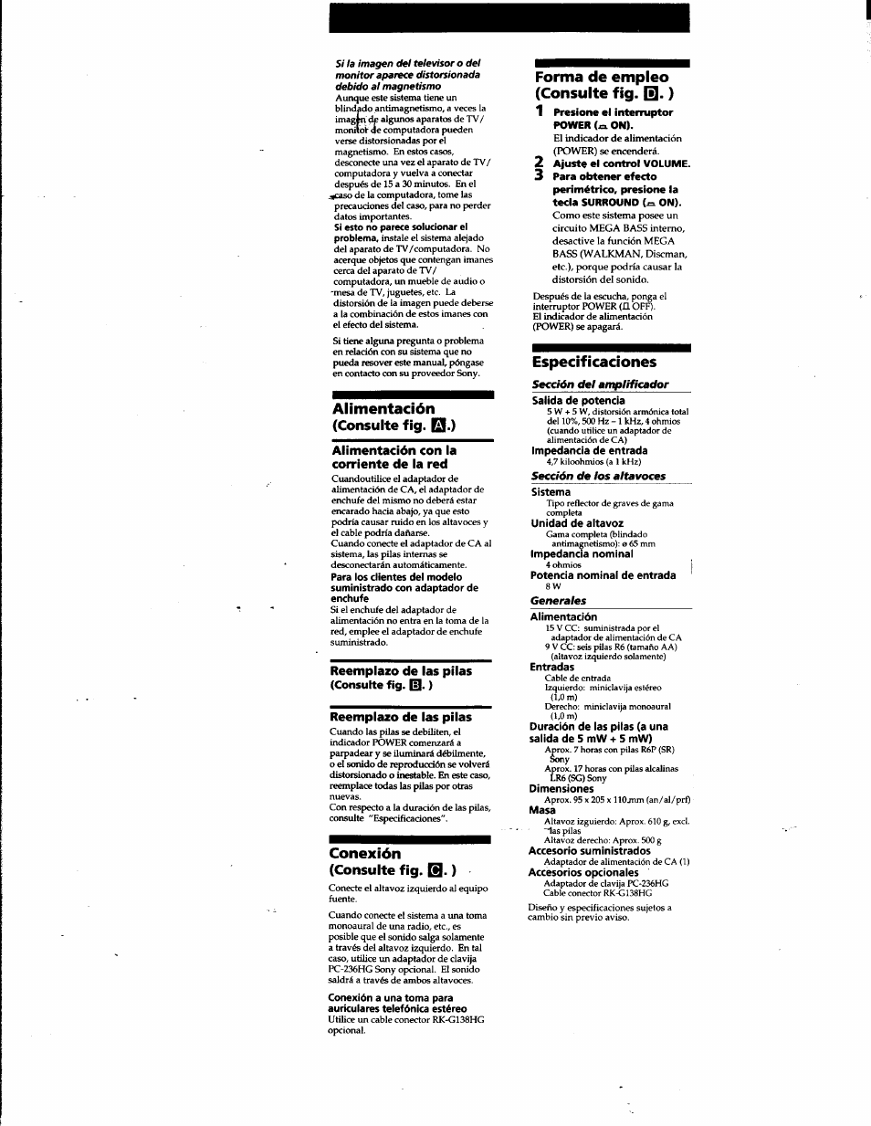 Forma de empleo (consulte fig. q- ), Especificaciones, Alimentación (consulte fig. ef.) | Conexión (consulte fig. q. ) | Sony SRS-A45 User Manual | Page 9 / 17