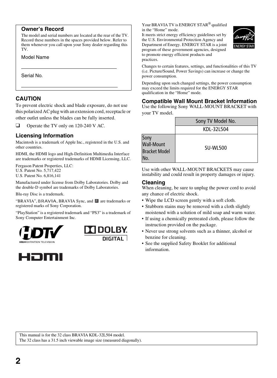 Sony KDL-32L504 User Manual | Page 2 / 48