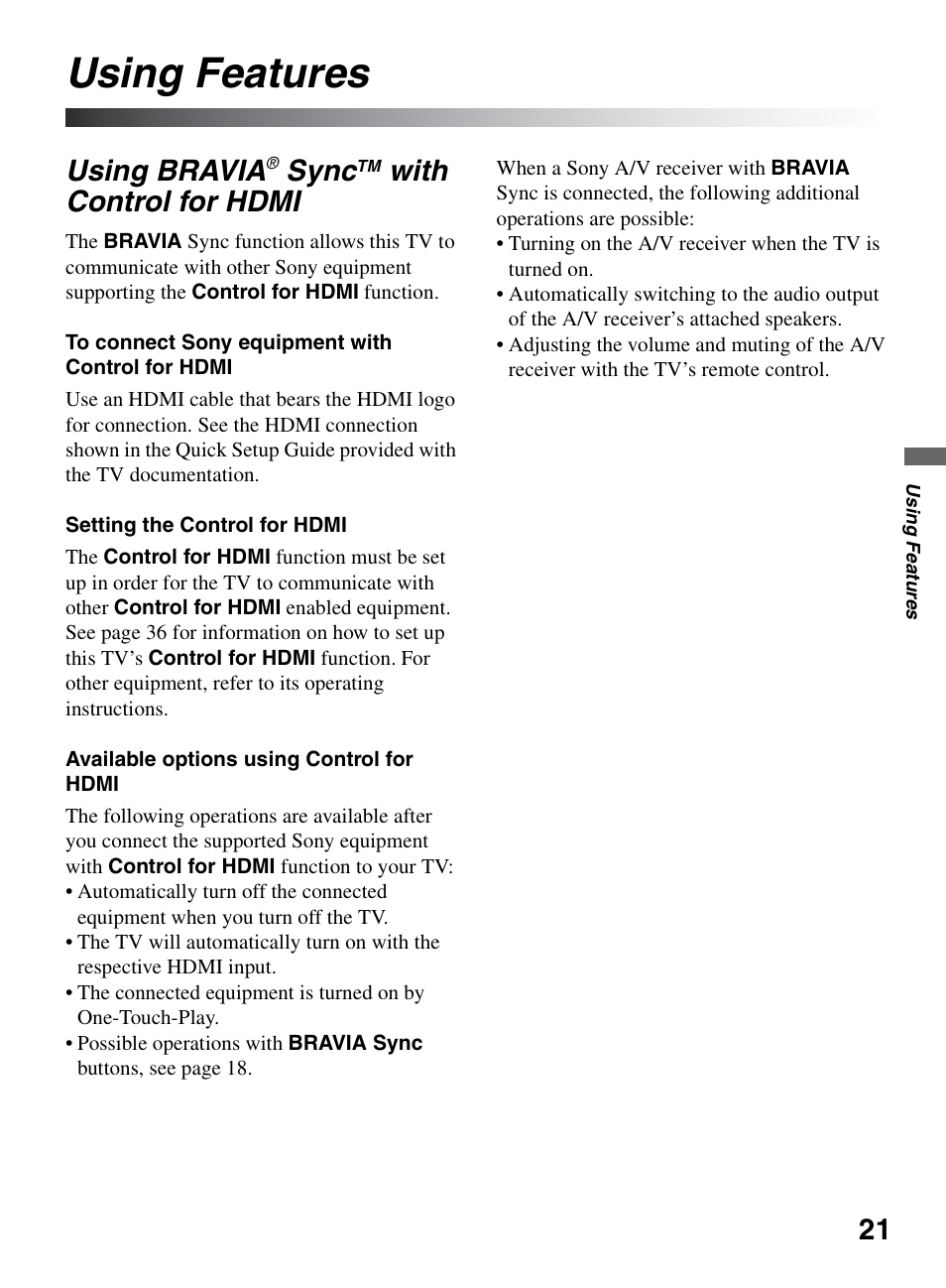 Using features, Using bravia® synctm with control for hdmi, Using bravia sync with control for | Hdmi, Using bravia, Sync, With control for hdmi | Sony KDL-32L504 User Manual | Page 21 / 48