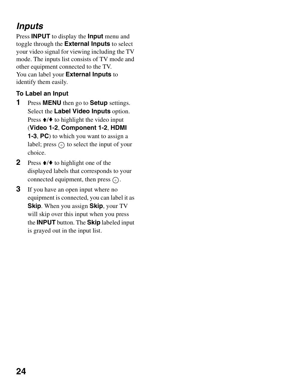 Inputs, 24 inputs | Sony KDL-32L504 User Manual | Page 24 / 48