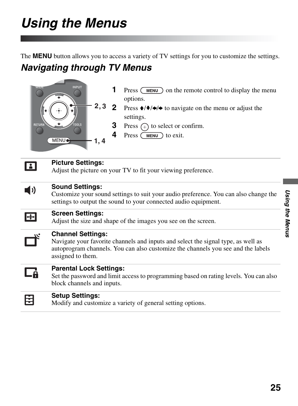 Using the menus, Navigating through tv menus | Sony KDL-32L504 User Manual | Page 25 / 48