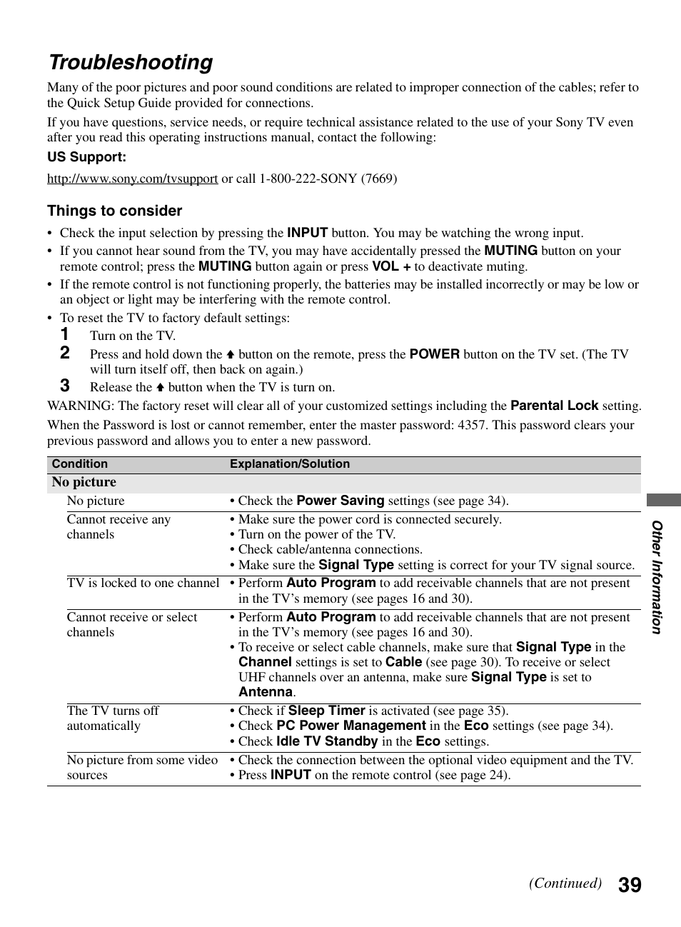 Troubleshooting, 39 troubleshooting | Sony KDL-32L504 User Manual | Page 39 / 48