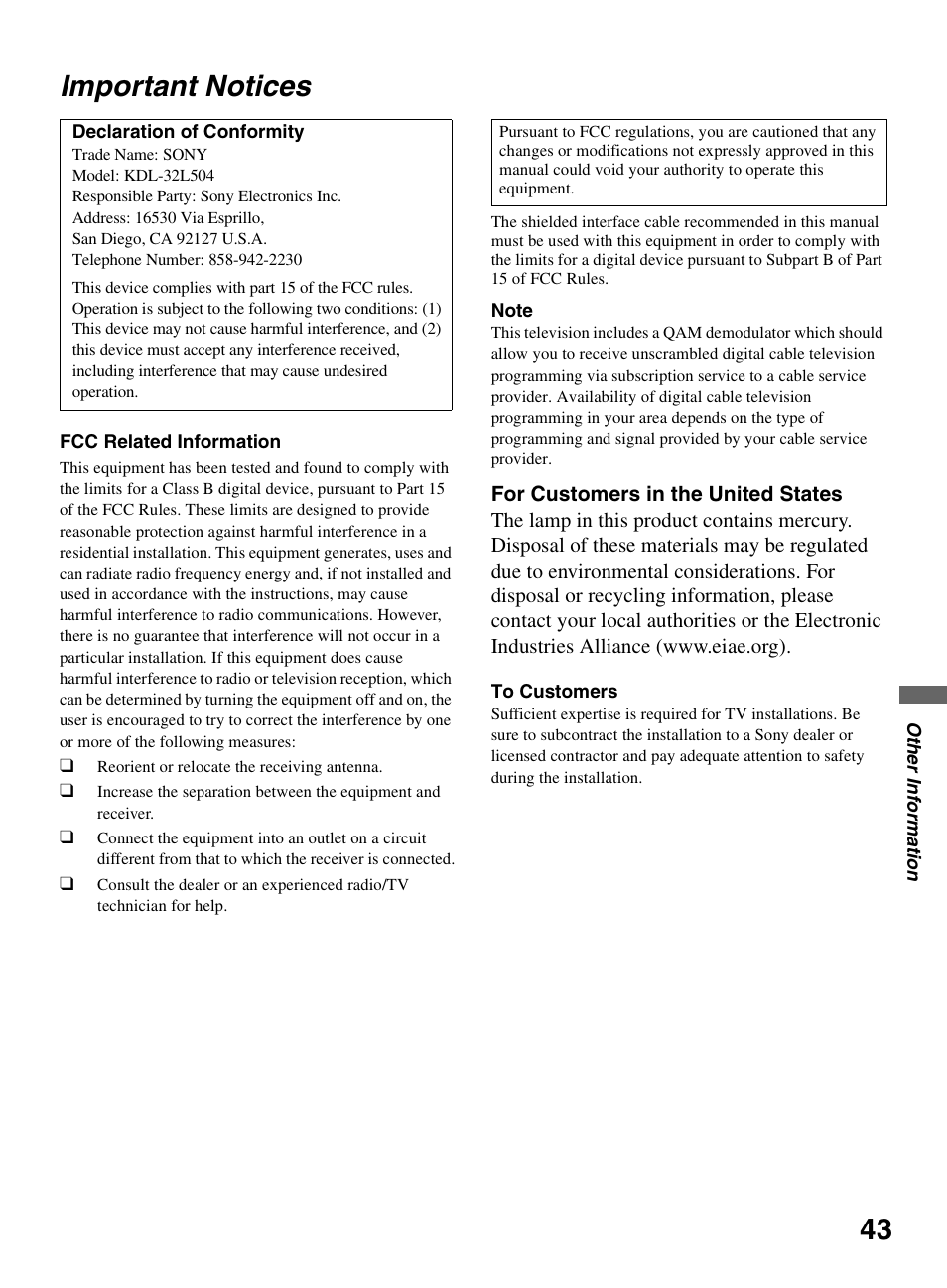 Important notices, 43 important notices | Sony KDL-32L504 User Manual | Page 43 / 48