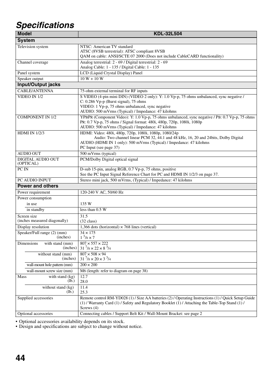 Specifications, 44 specifications | Sony KDL-32L504 User Manual | Page 44 / 48