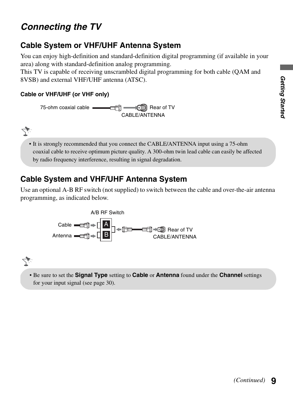 Connecting the tv, 9connecting the tv, Cable system or vhf/uhf antenna system | Cable system and vhf/uhf antenna system | Sony KDL-32L504 User Manual | Page 9 / 48