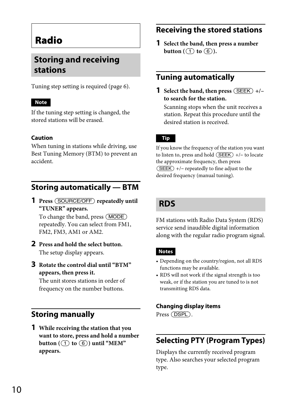 Radio, Storing and receiving stations, Storing and receiving stations rds | Storing automatically — btm 1, Storing manually 1, Receiving the stored stations 1, Tuning automatically 1, Selecting pty (program types) | Sony CDX-M20 User Manual | Page 10 / 68