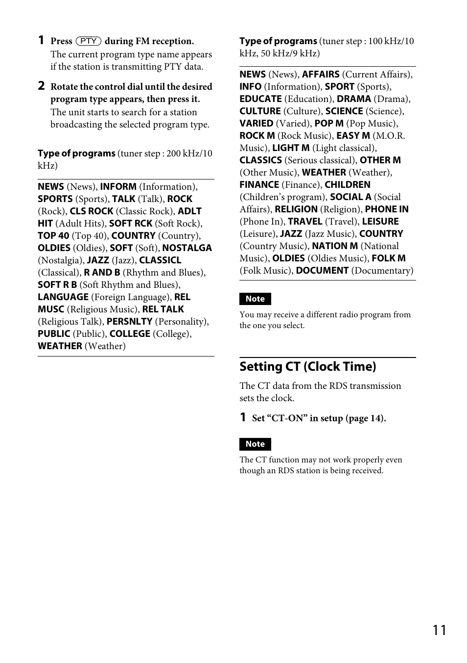 Setting ct (clock time) | Sony CDX-M20 User Manual | Page 11 / 68
