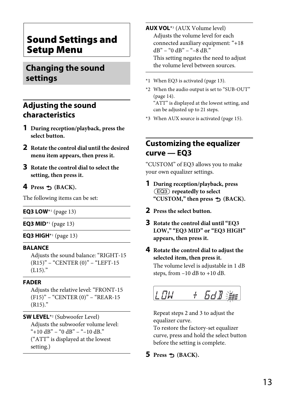 Sound settings and setup menu, Changing the sound settings, Adjusting the sound characteristics 1 | Customizing the equalizer curve — eq3 | Sony CDX-M20 User Manual | Page 13 / 68