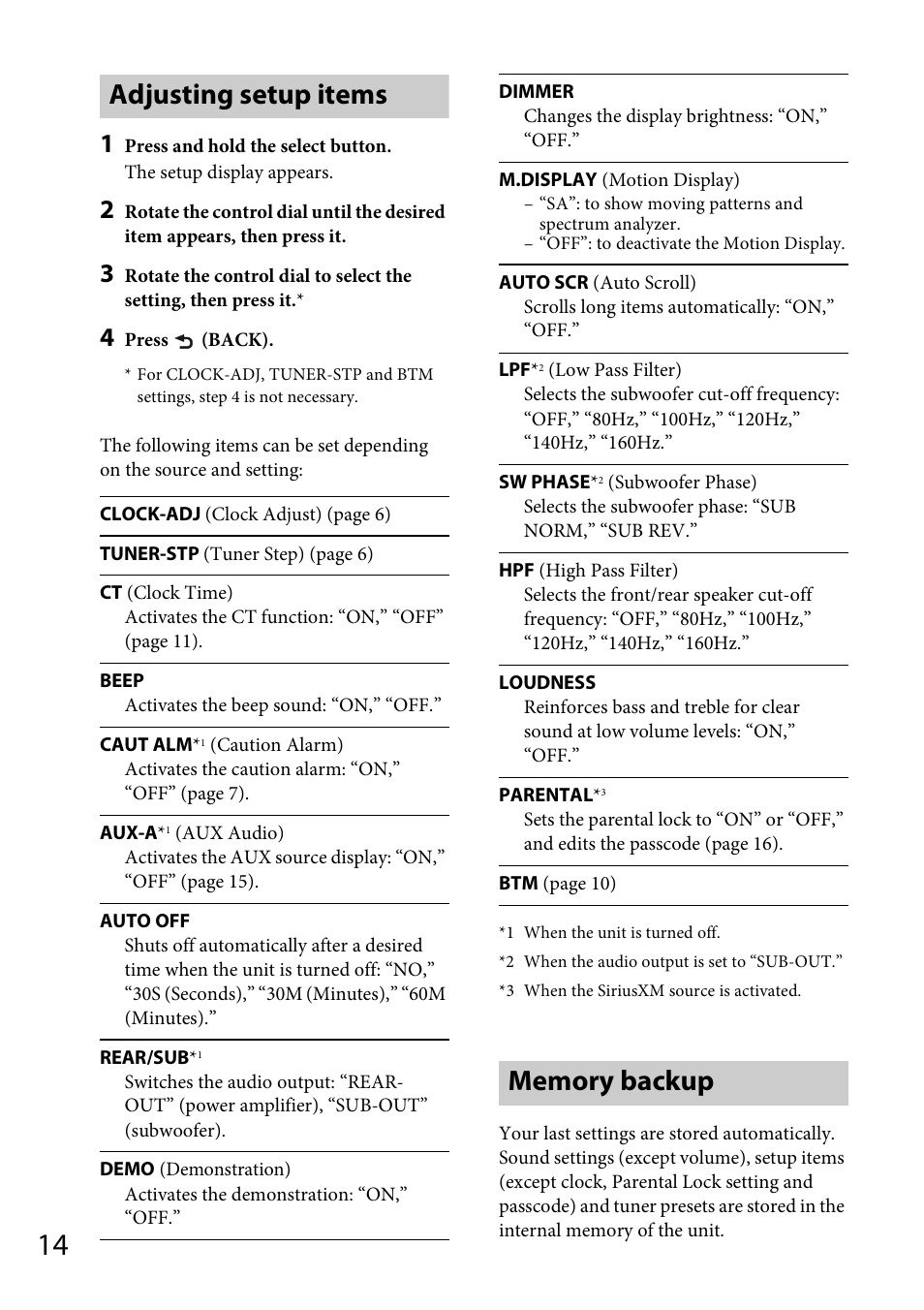 Adjusting setup items, Memory backup, Adjusting setup items memory backup | Sony CDX-M20 User Manual | Page 14 / 68