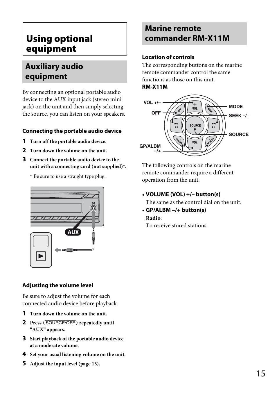Using optional equipment, Auxiliary audio equipment, Marine remote commander rm-x11m | Sony CDX-M20 User Manual | Page 15 / 68