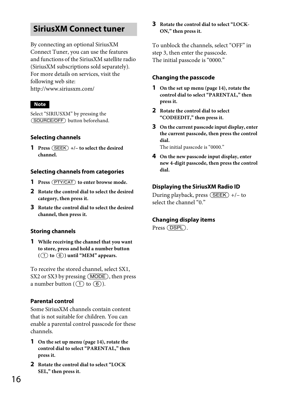 Siriusxm connect tuner | Sony CDX-M20 User Manual | Page 16 / 68