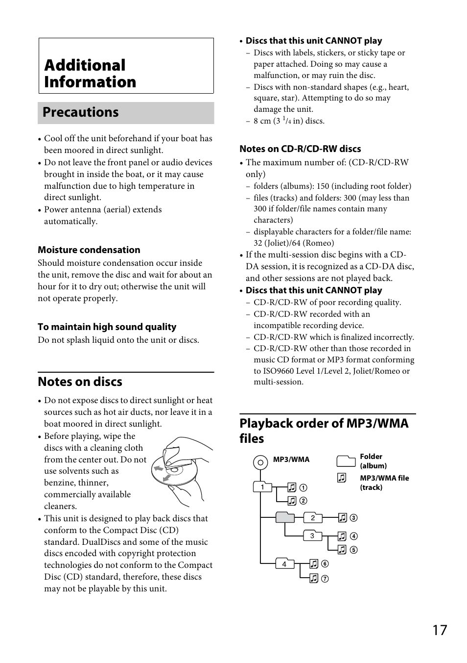 Additional information, Precautions, Playback order of mp3/wma files | Sony CDX-M20 User Manual | Page 17 / 68