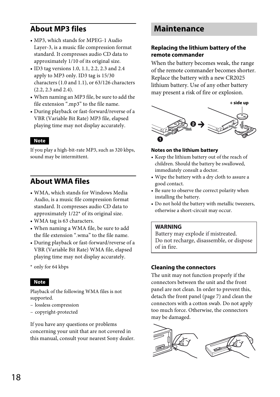 Maintenance, About mp3 files, About wma files | Sony CDX-M20 User Manual | Page 18 / 68