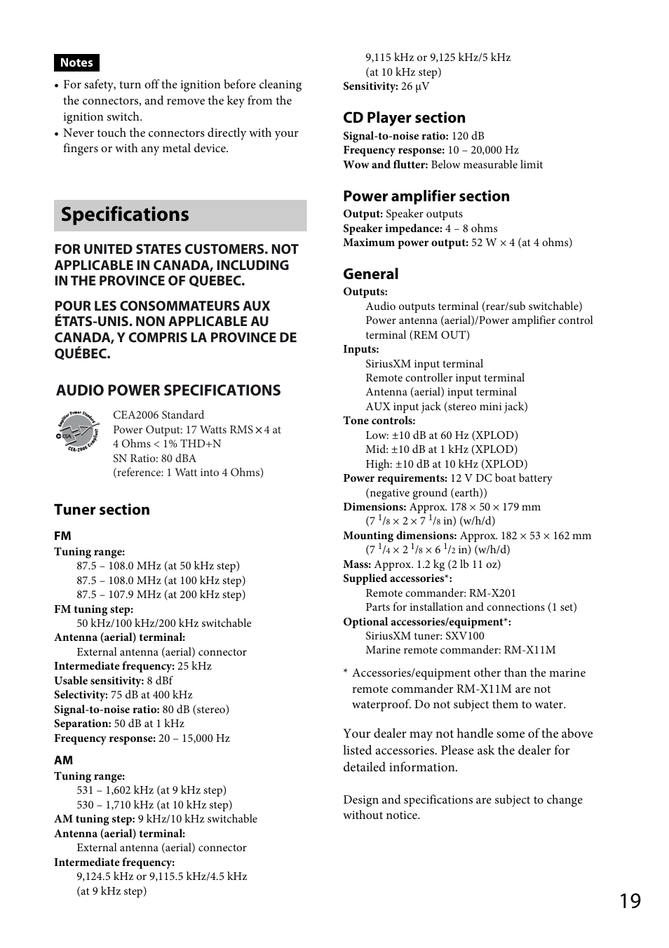 Specifications, General, Audio power specifications | Sony CDX-M20 User Manual | Page 19 / 68