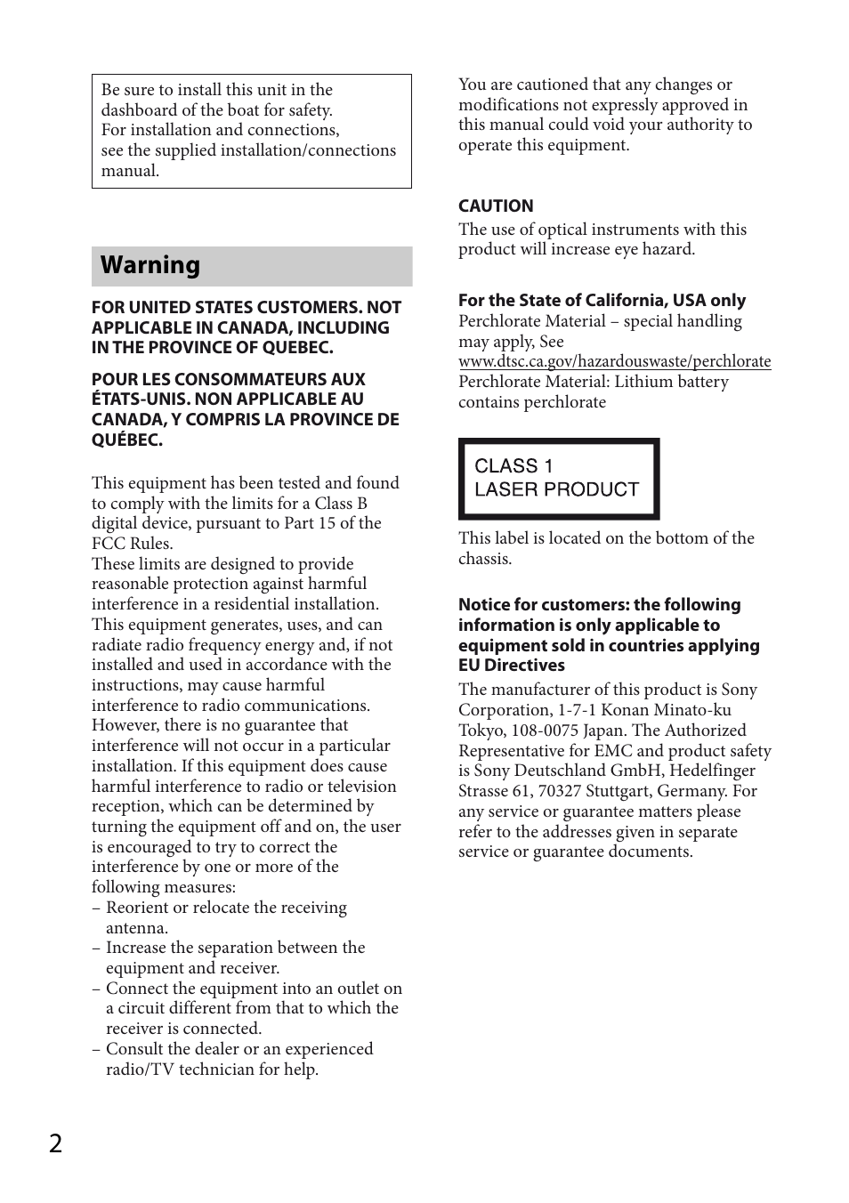 Warning | Sony CDX-M20 User Manual | Page 2 / 68