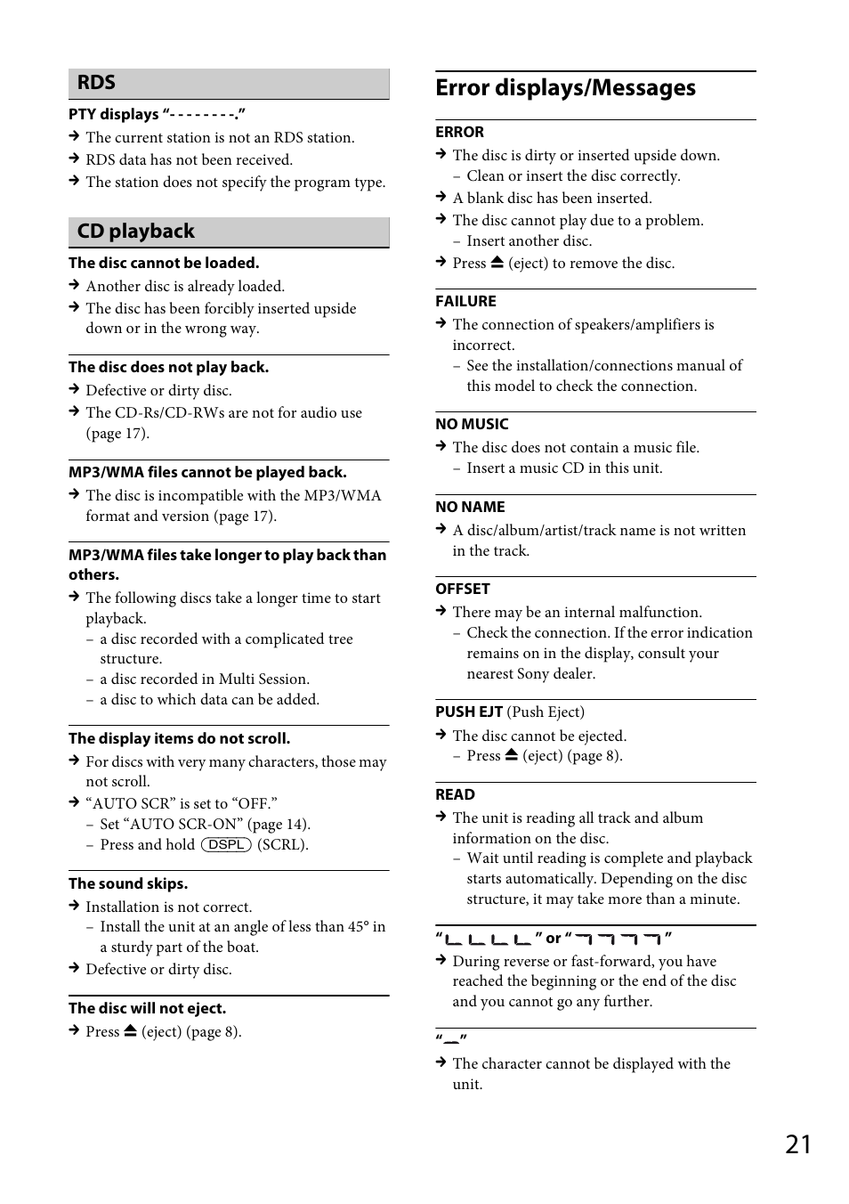 Error displays/messages, Cd playback | Sony CDX-M20 User Manual | Page 21 / 68