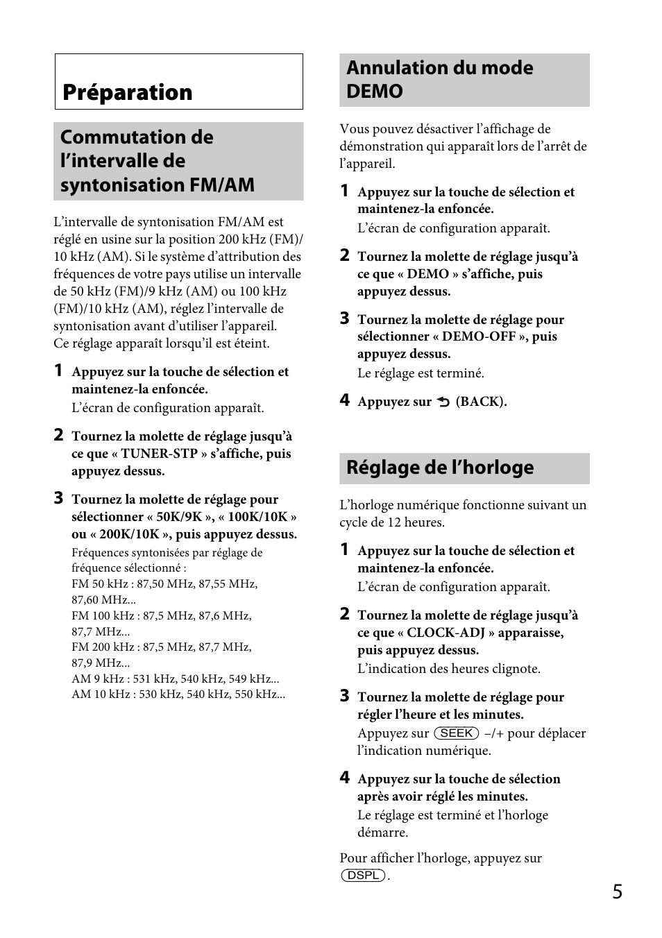 Préparation, Commutation de l’intervalle de syntonisation fm/am, Annulation du mode demo | Réglage de l’horloge | Sony CDX-M20 User Manual | Page 27 / 68