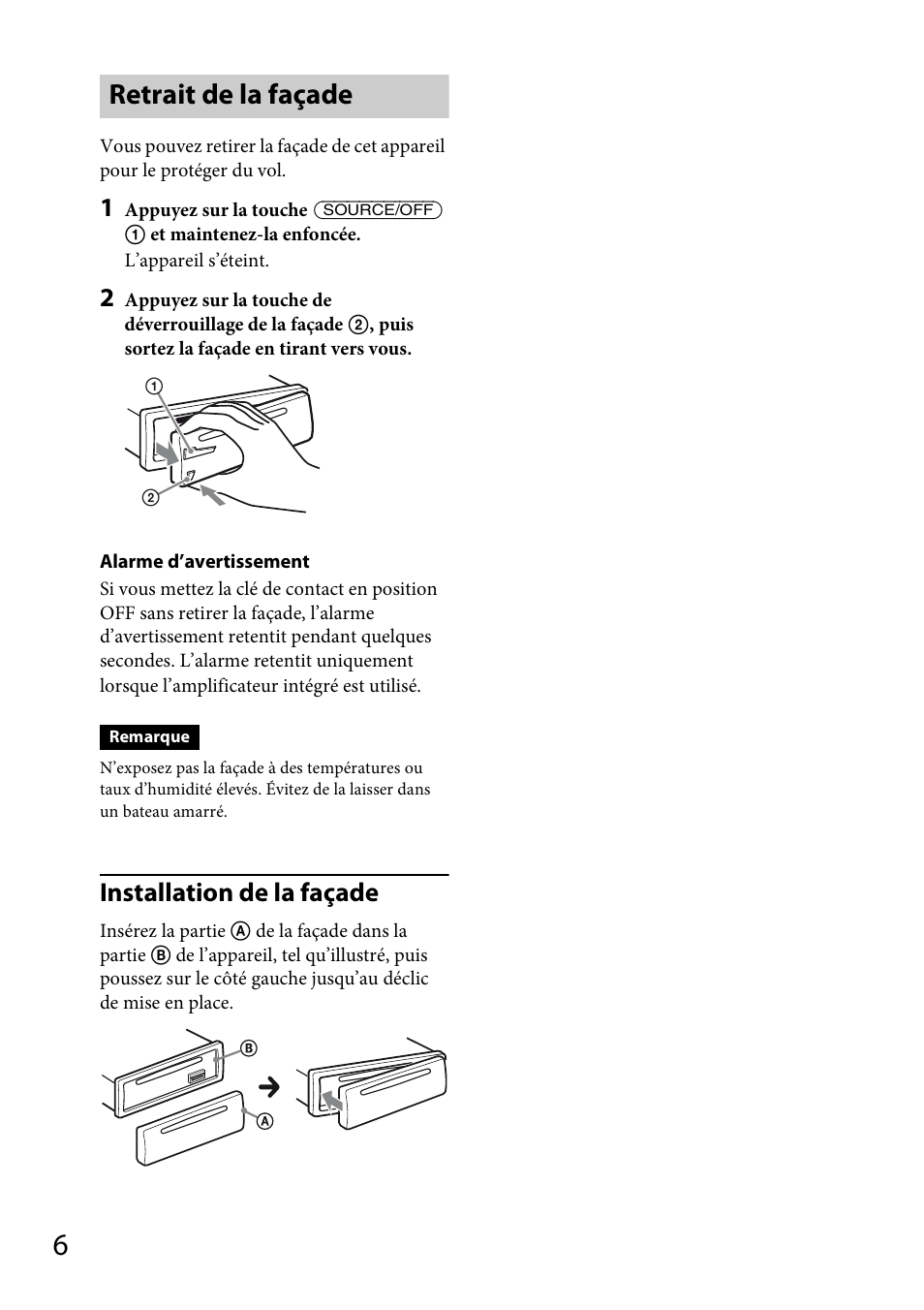 Retrait de la façade, Installation de la façade | Sony CDX-M20 User Manual | Page 28 / 68