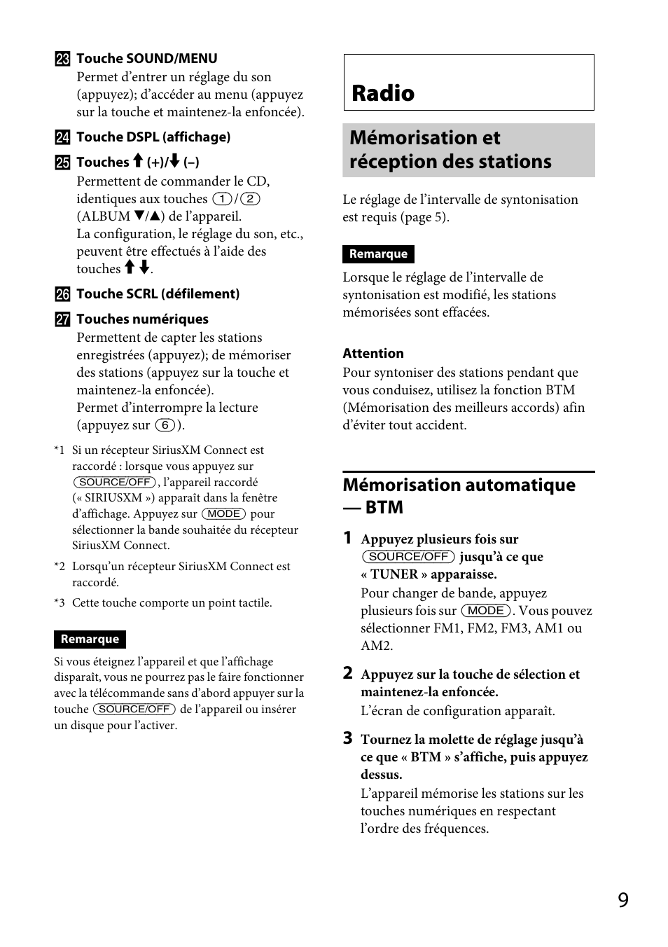 Radio, Mémorisation et réception des stations, Mémorisation automatique — btm 1 | Sony CDX-M20 User Manual | Page 31 / 68