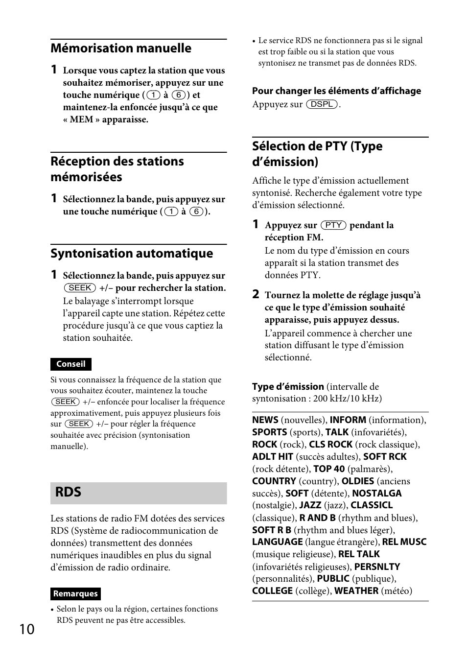 Mémorisation manuelle 1, Réception des stations mémorisées 1, Syntonisation automatique 1 | Sélection de pty (type d’émission) | Sony CDX-M20 User Manual | Page 32 / 68
