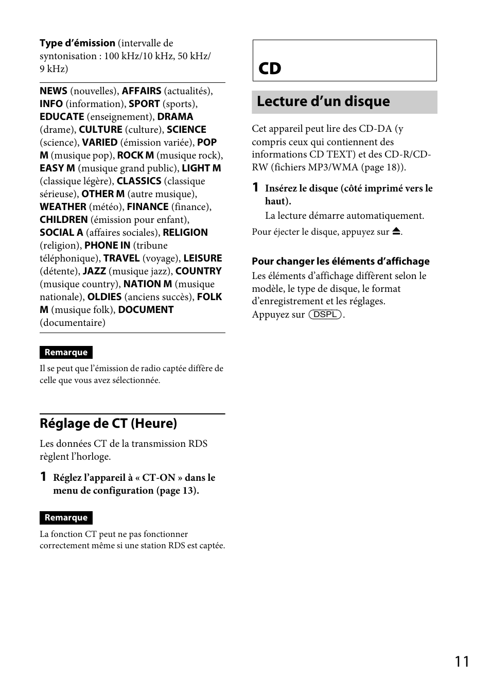 Lecture d’un disque, Réglage de ct (heure) | Sony CDX-M20 User Manual | Page 33 / 68