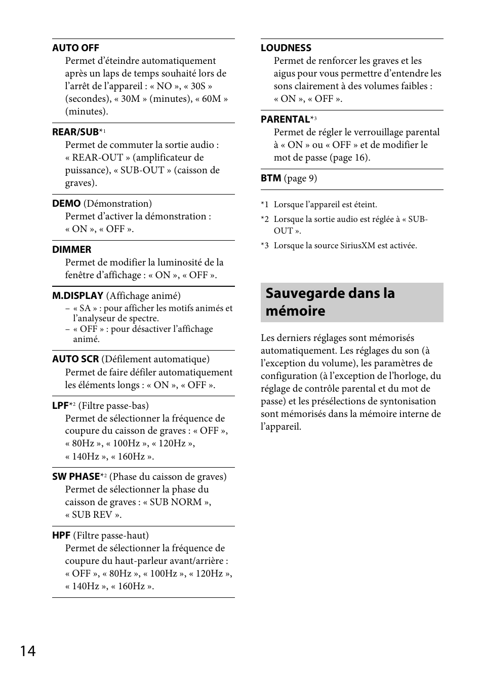 Sauvegarde dans la mémoire | Sony CDX-M20 User Manual | Page 36 / 68