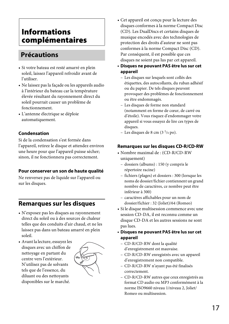 Informations complémentaires, Précautions, Remarques sur les disques | Sony CDX-M20 User Manual | Page 39 / 68