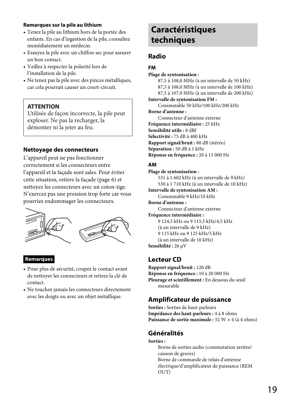 Caractéristiques techniques, Radio, Lecteur cd | Amplificateur de puissance, Généralités | Sony CDX-M20 User Manual | Page 41 / 68
