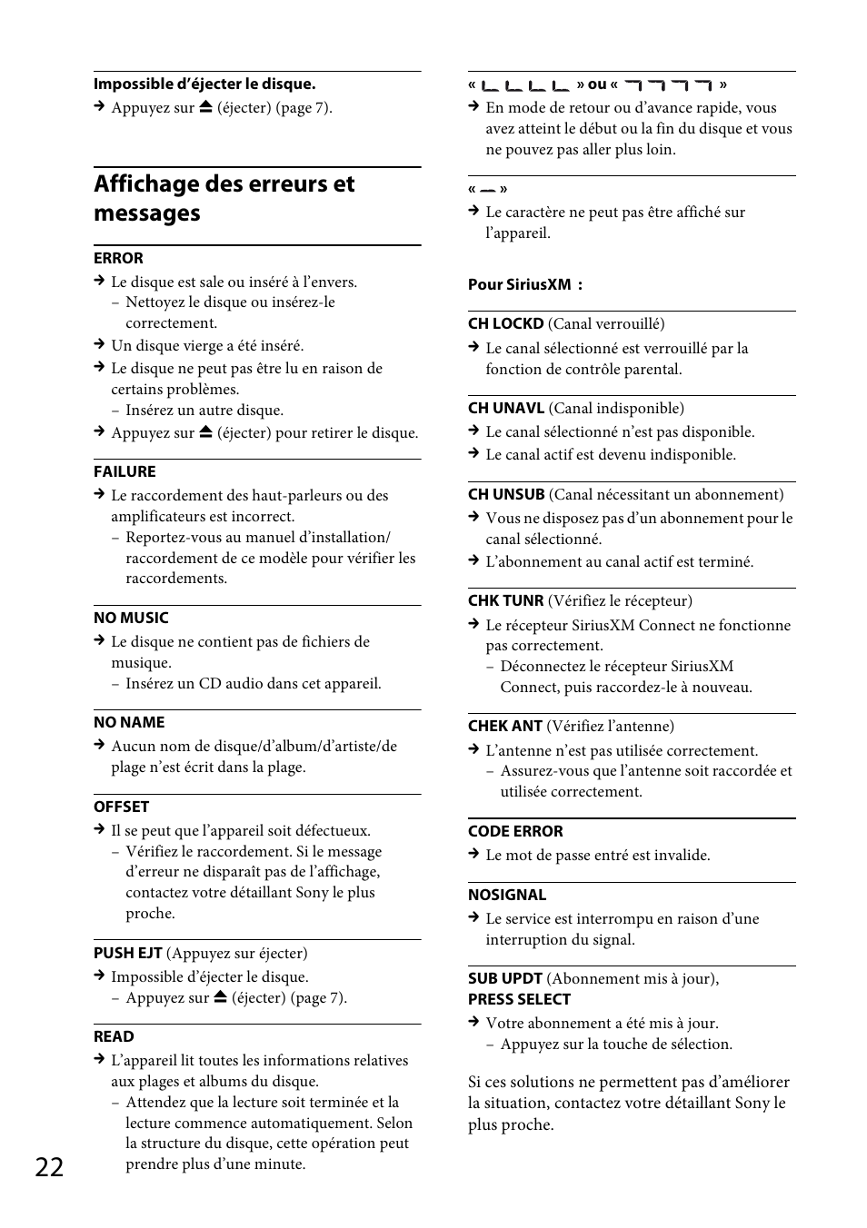 Affichage des erreurs et messages | Sony CDX-M20 User Manual | Page 44 / 68