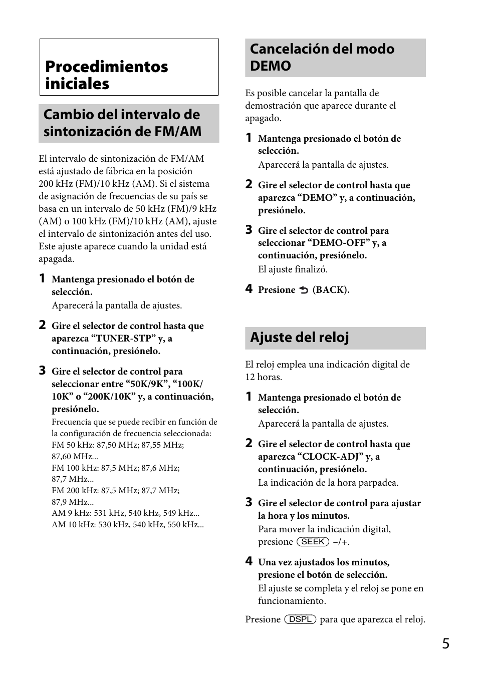 Procedimientos iniciales, Cambio del intervalo de sintonización de fm/am, Cancelación del modo demo | Ajuste del reloj | Sony CDX-M20 User Manual | Page 49 / 68