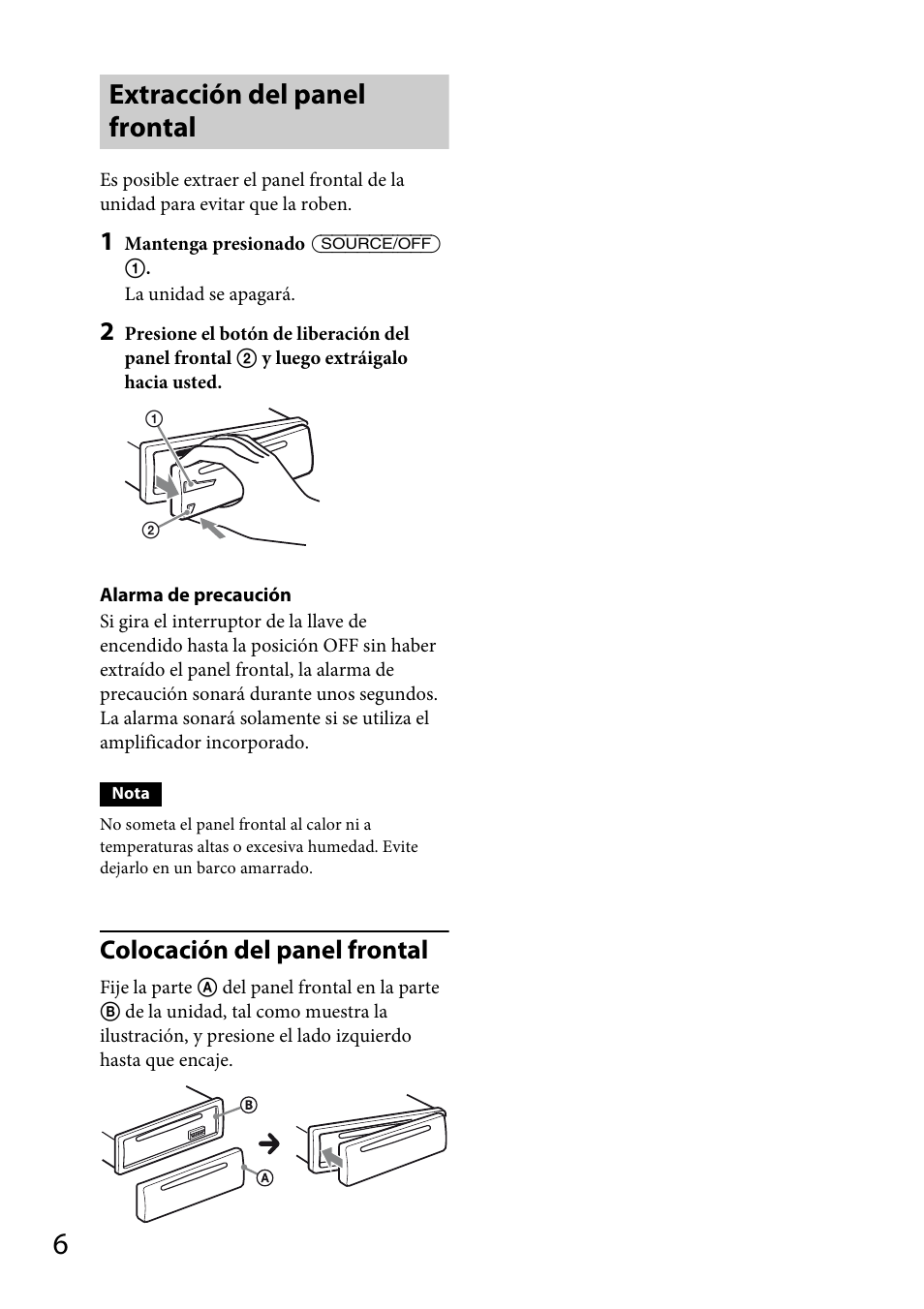 Extracción del panel frontal, Colocación del panel frontal | Sony CDX-M20 User Manual | Page 50 / 68