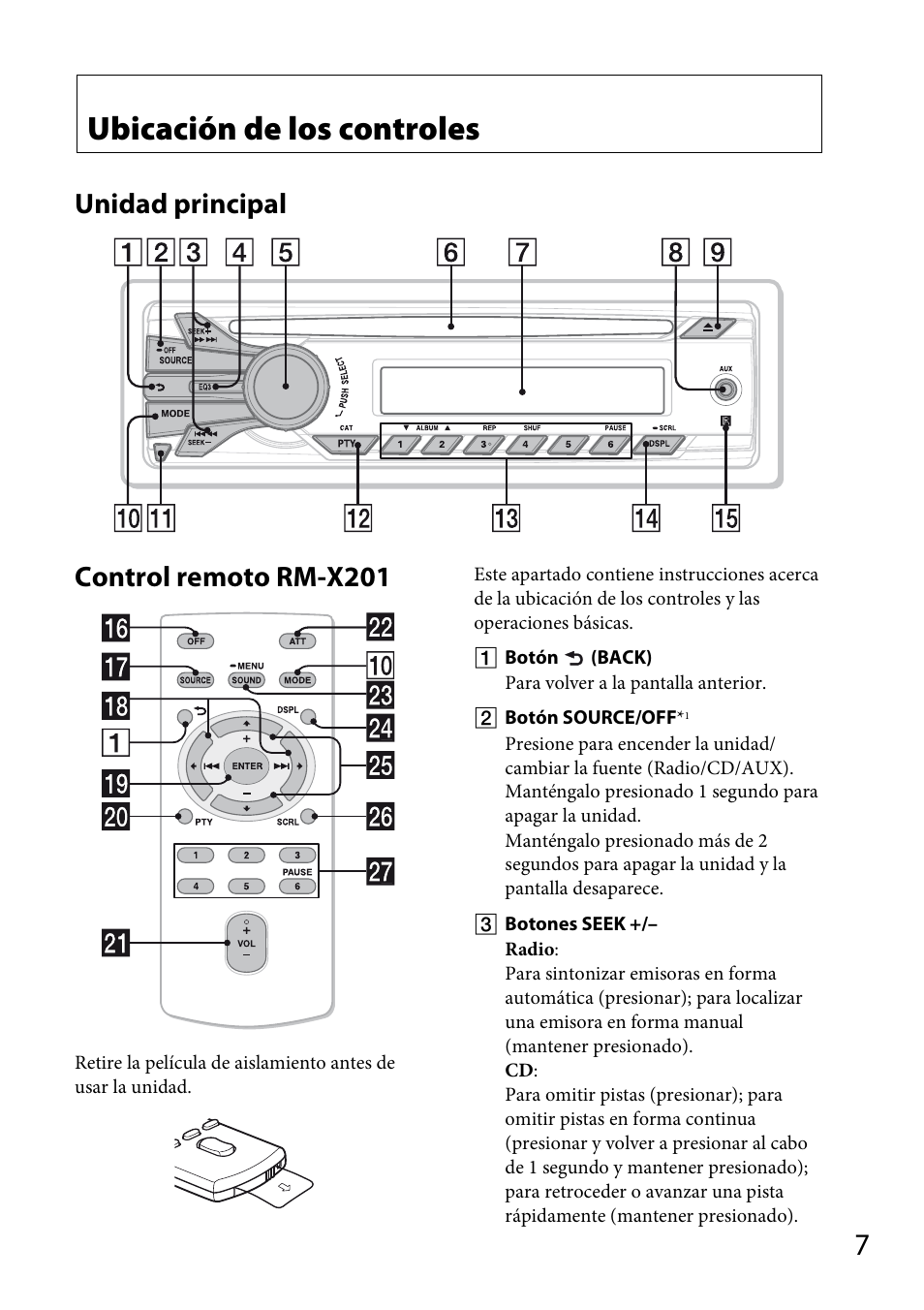 Ubicación de los controles, Unidad principal, Control remoto rm-x201 | Unidad principal control remoto rm-x201 | Sony CDX-M20 User Manual | Page 51 / 68