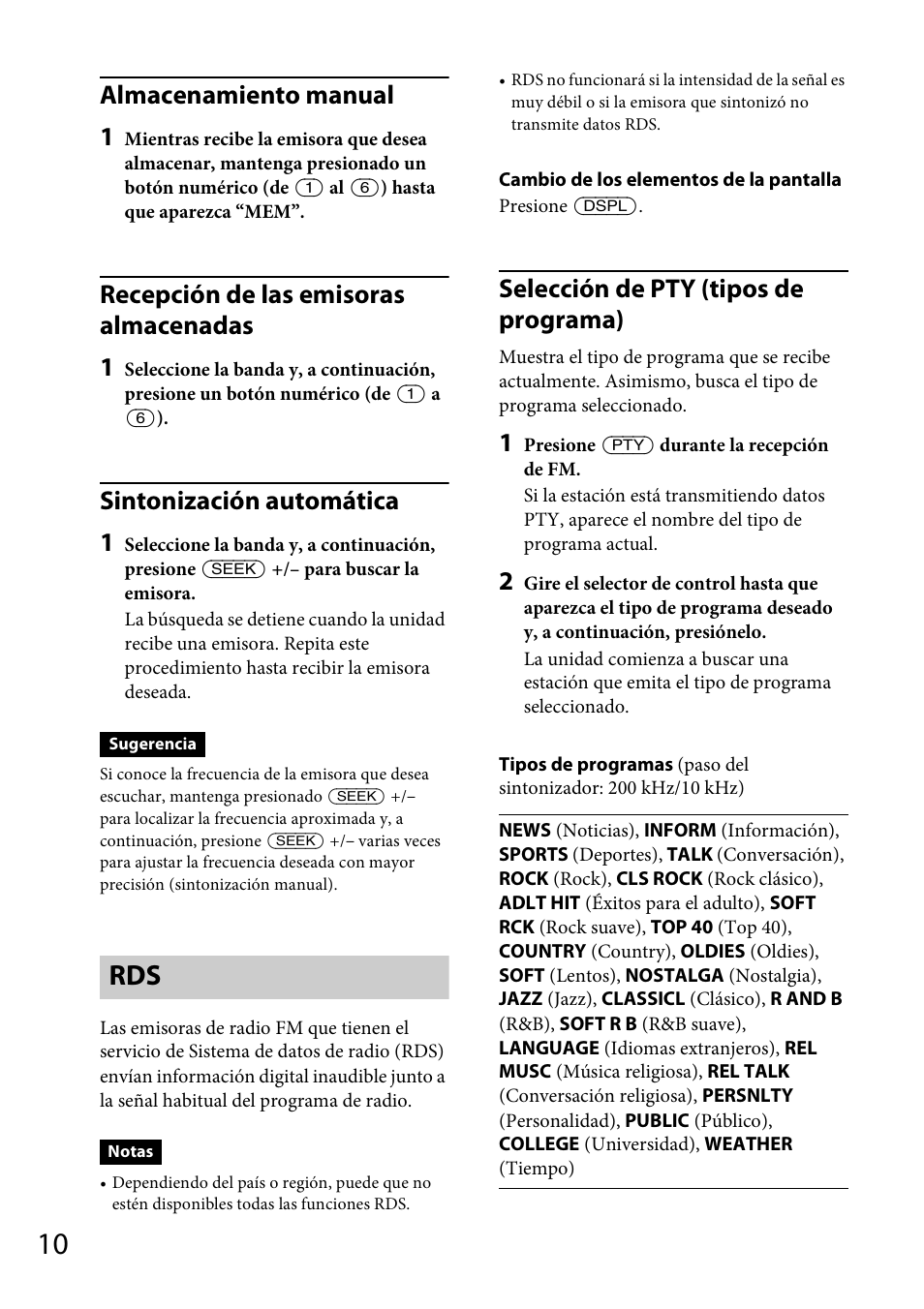 Almacenamiento manual 1, Recepción de las emisoras almacenadas 1, Sintonización automática 1 | Selección de pty (tipos de programa) | Sony CDX-M20 User Manual | Page 54 / 68
