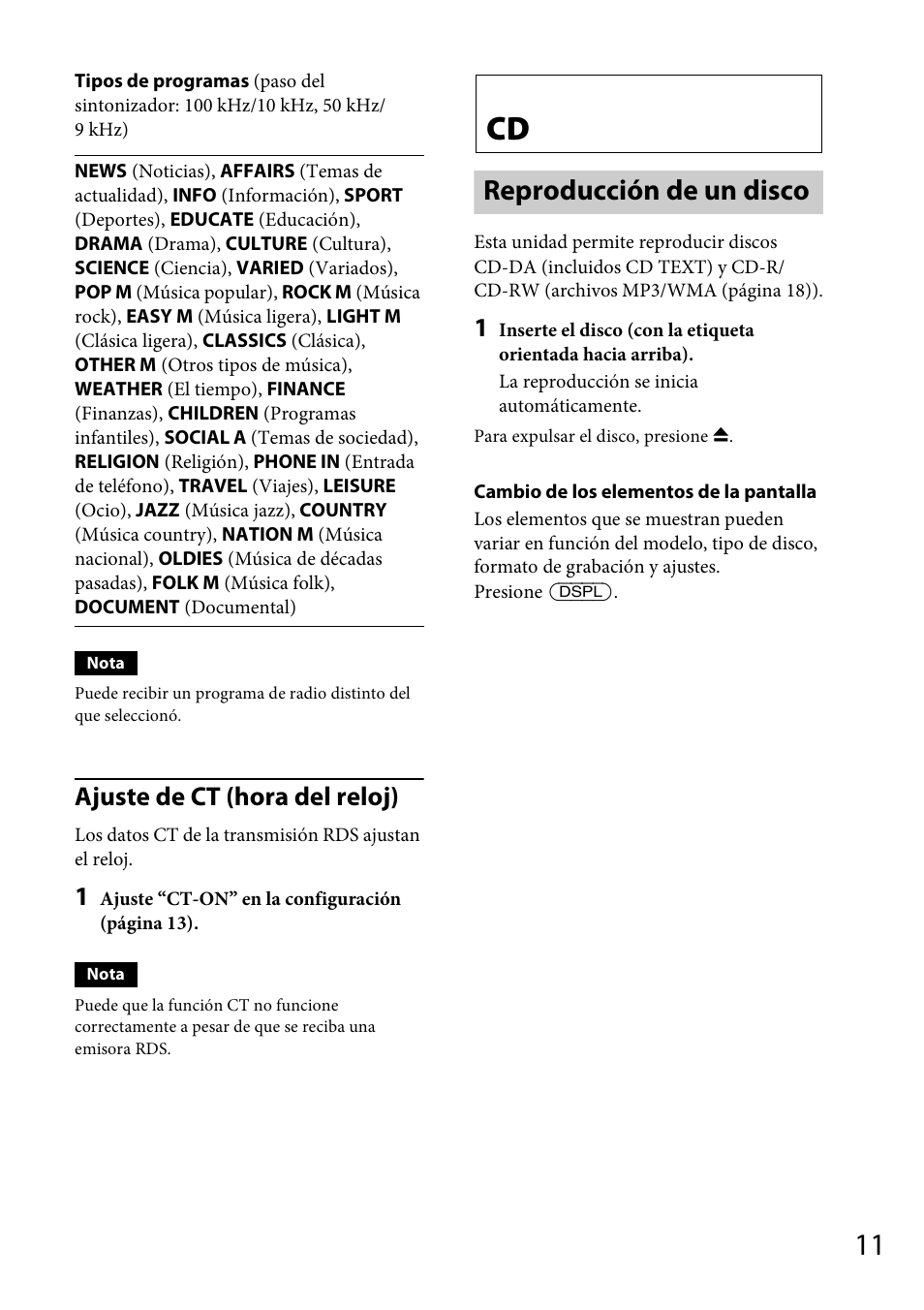 Reproducción de un disco, Ajuste de ct (hora del reloj) | Sony CDX-M20 User Manual | Page 55 / 68